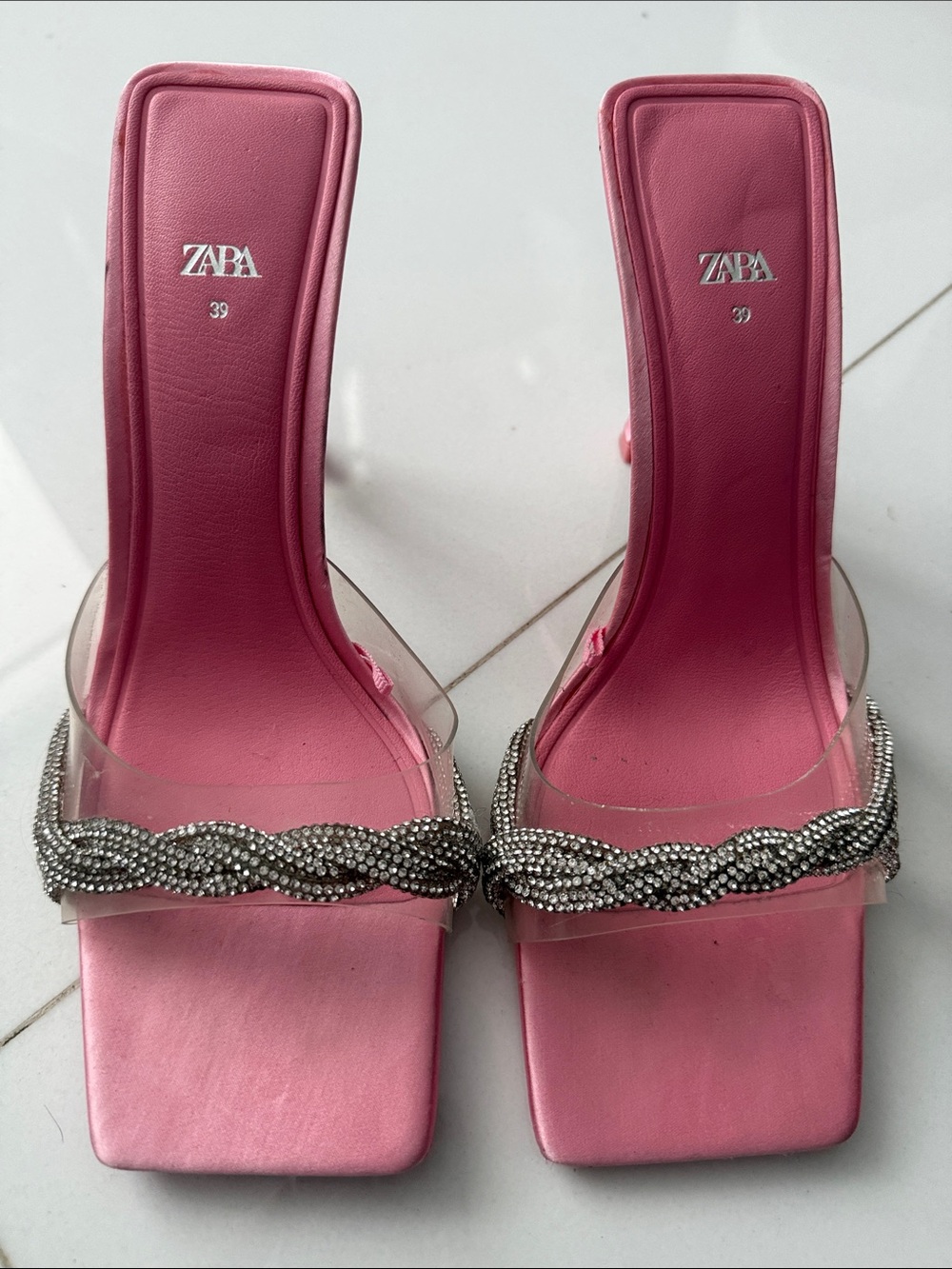 Zara Pink Crystal-Embellished Clear Strap Slide Mules